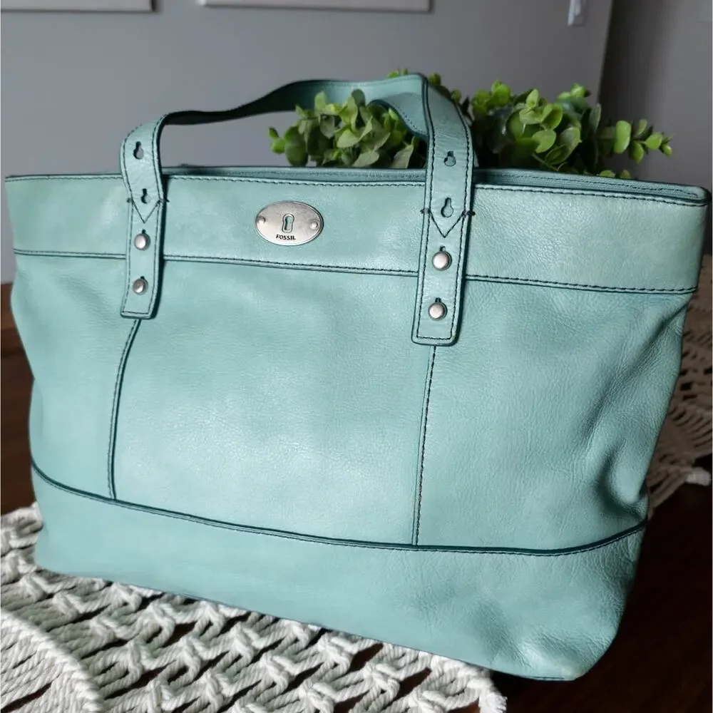FOSSIL Hunter Teal Green Leather Tote Bag - Picture 2 of 11